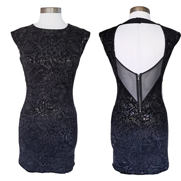 Alice + Olivia Black Sequin & Velvet Mini Dress Size XS Open Back Party Glam - Picture 3 of 13